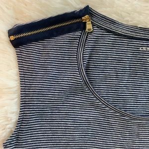 Ann Taylor Petite Navy White Striped Tee Blouse Gold Zipper Accent Shoulder MP